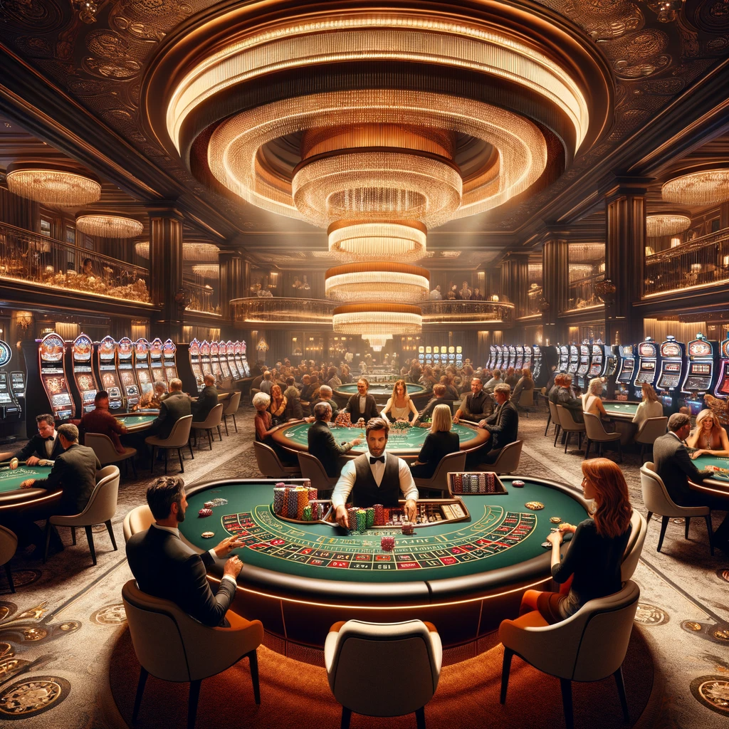 DALL·E 2024-01-19 13.05.34 – Ein lebhaftes Casino-Interieur mit Menschen, die verschiedene Glücksspiele spielen. Mehrere Tische für Blackjack, Roulette und Poker sind sichtbar, um